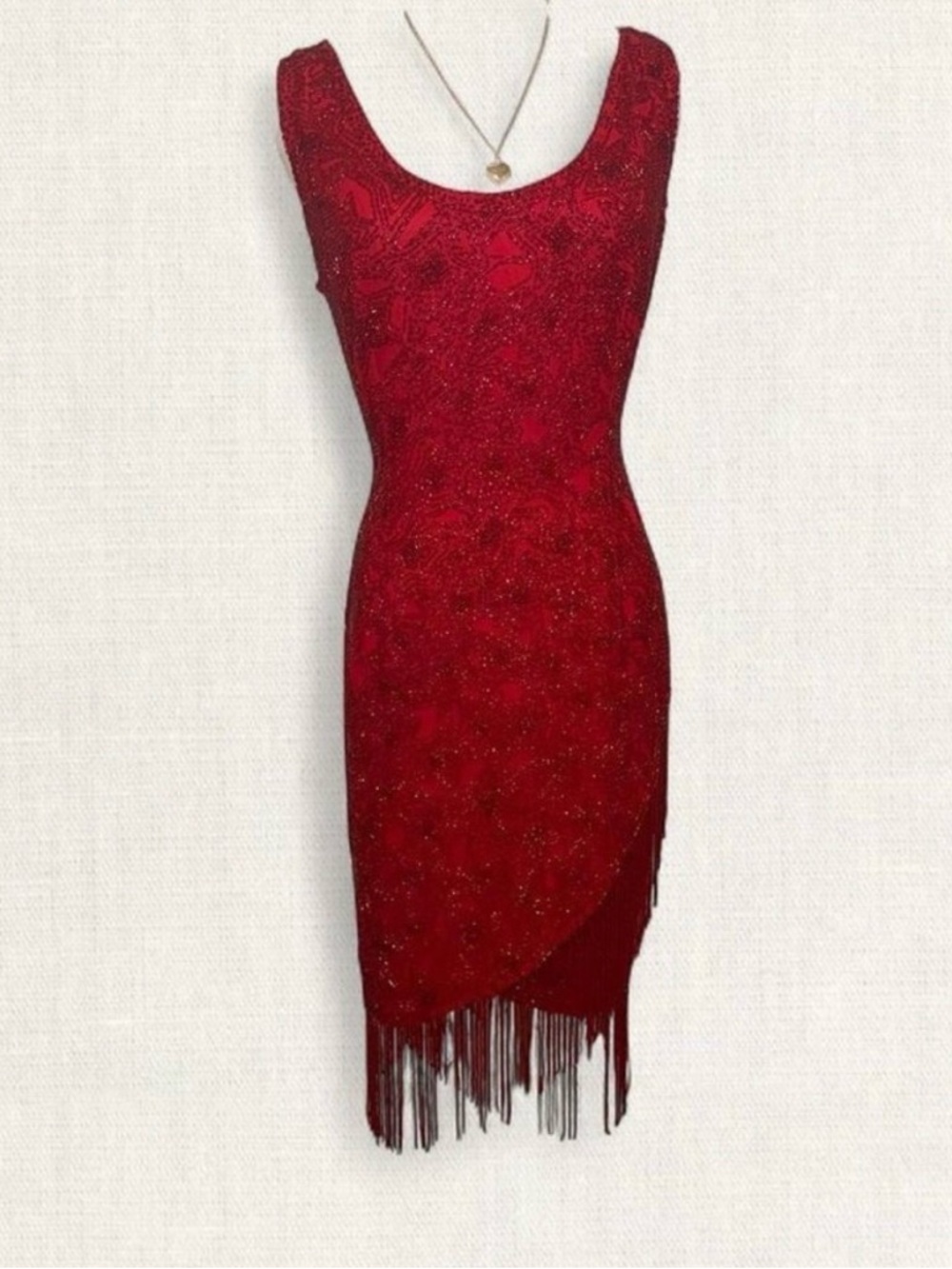 Oleg Cassini Red Beaded Backless Fringe Cocktail Dress